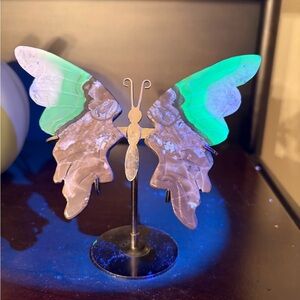 Volcano Agate butterfly wing carving with a stand